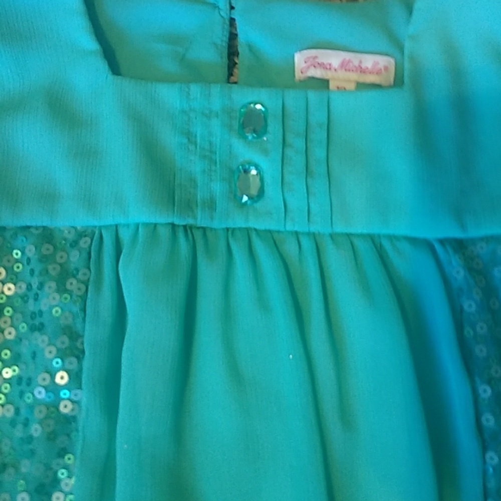 Jona Michelle Girls Teal Sequin Ruffle Long Sleeve Top Size 10 - Picture 3 of 5